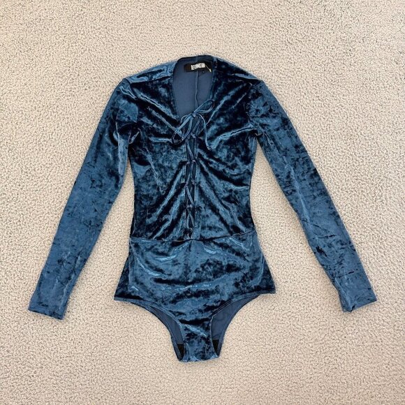 Reformation Velvet Avalon Bodysuit Womens XS Criss Cross Teal Blue - Picture 13 of 16